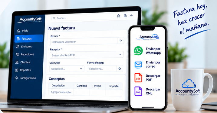 AccountySoft — vista de Nueva Factura en laptop y celular